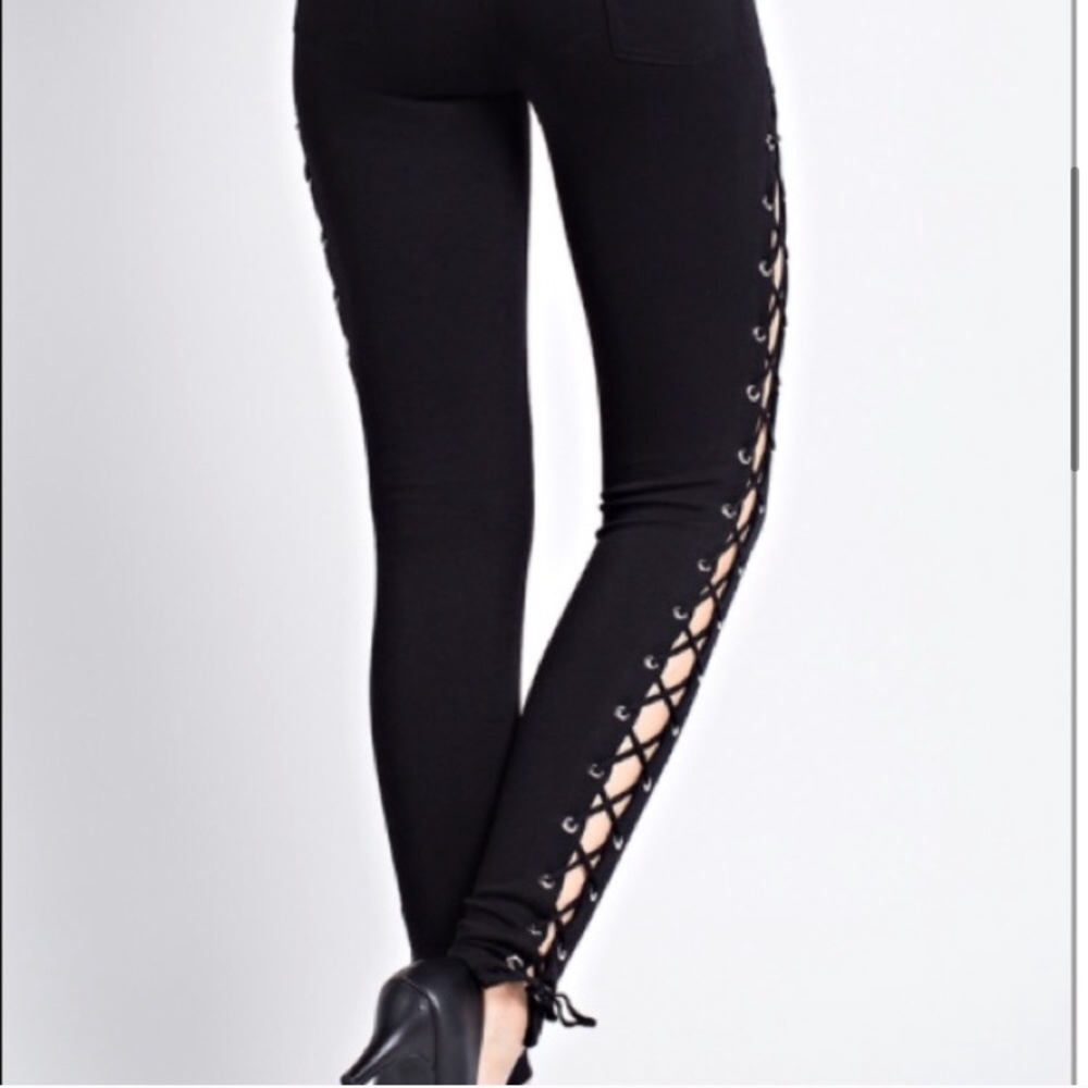 Black Lace Up Stretch High Waist Ponte Pants - Picture 3 of 3